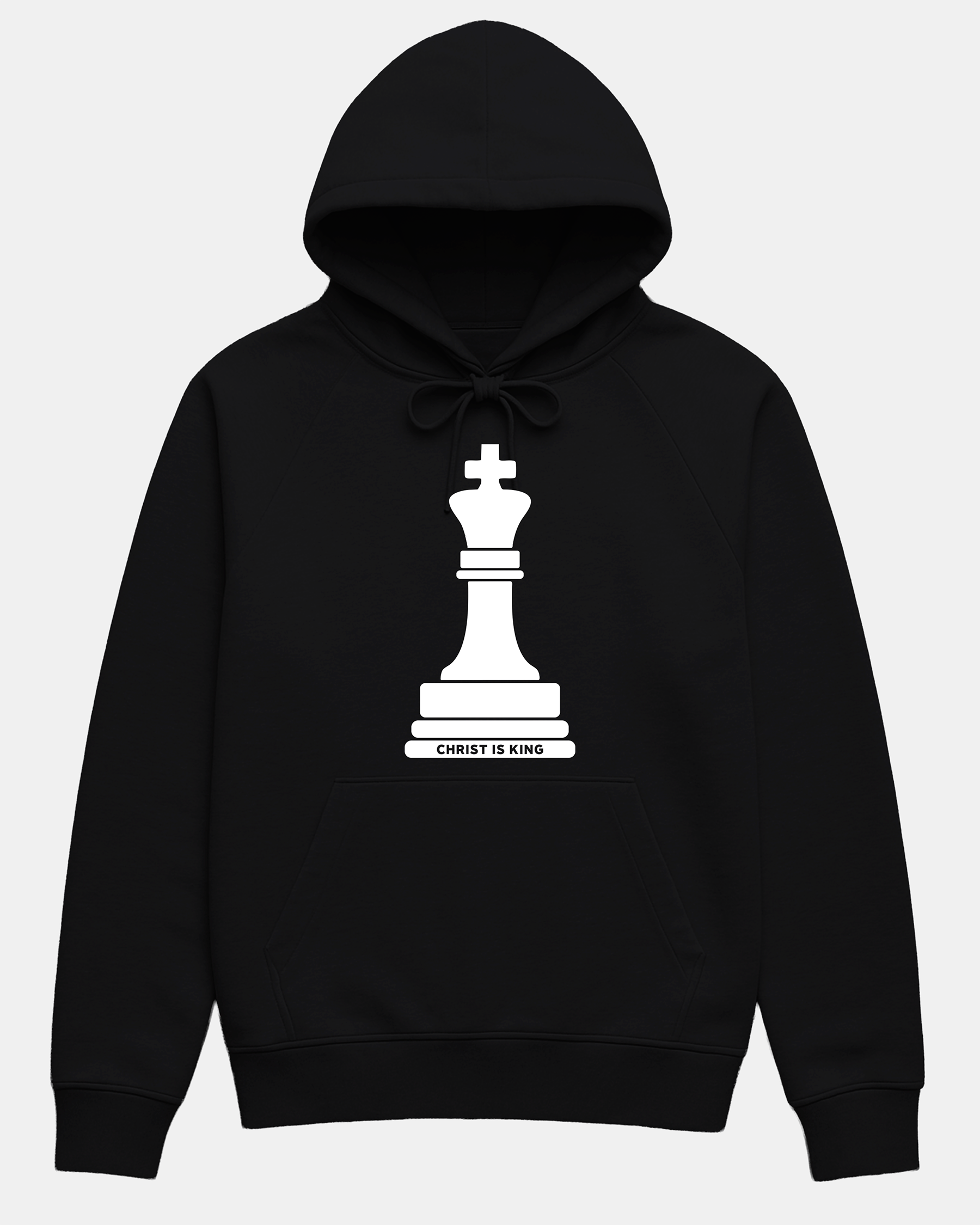 Faith-inspired Christ is King hoodie in black, heavyweight cotton blend with screen printed king chess piece symbolizing Revelation 19:16