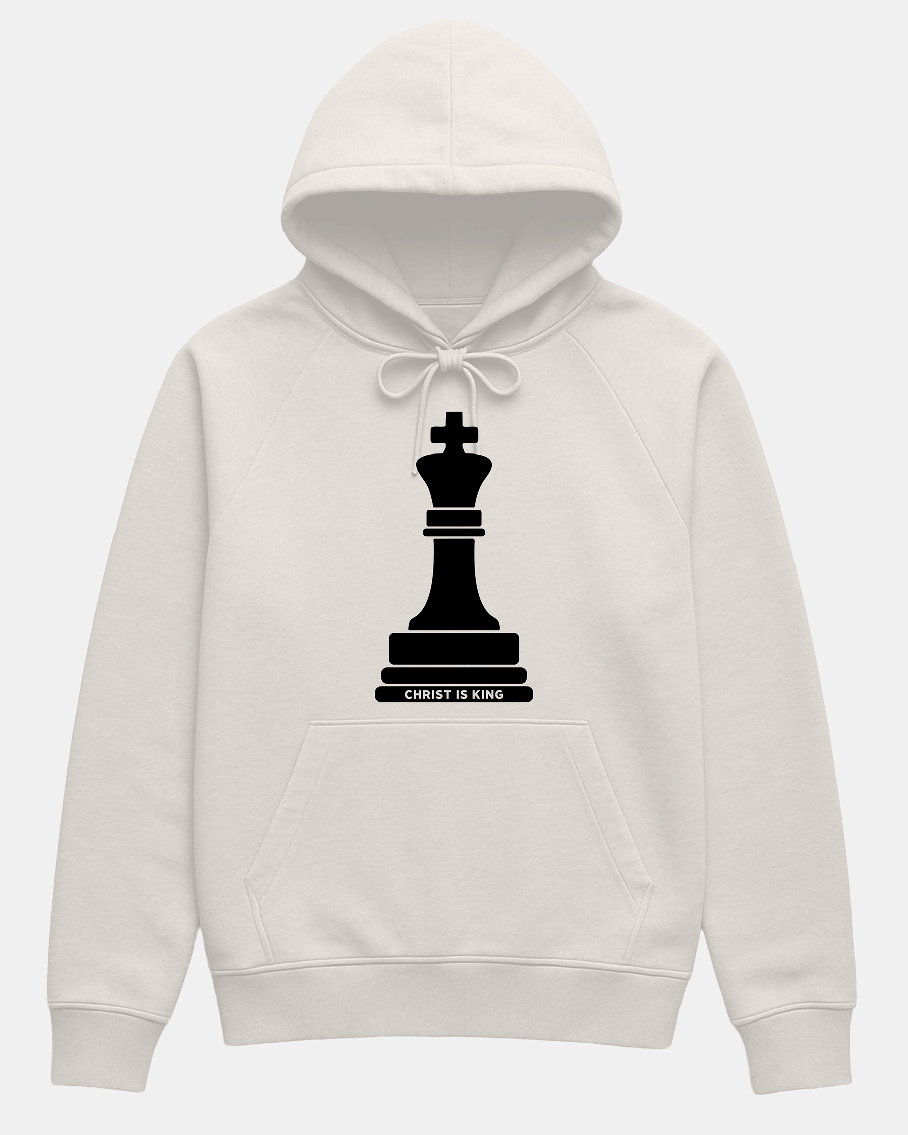 Faith-inspired Christ is King hoodie in beige, heavyweight cotton blend with screen printed king chess piece symbolizing Revelation 19:16