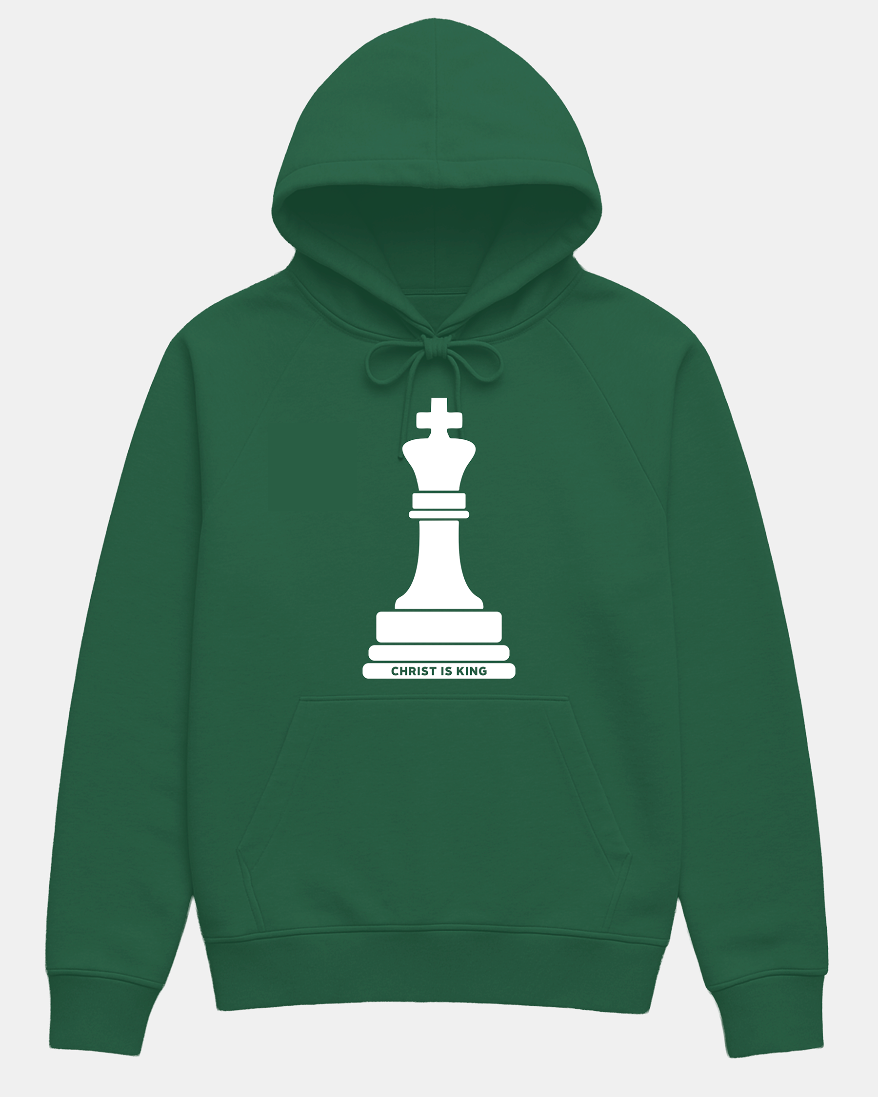 Faith-inspired Christ is King hoodie in green, heavyweight cotton blend with screen printed king chess piece symbolizing Revelation 19:16