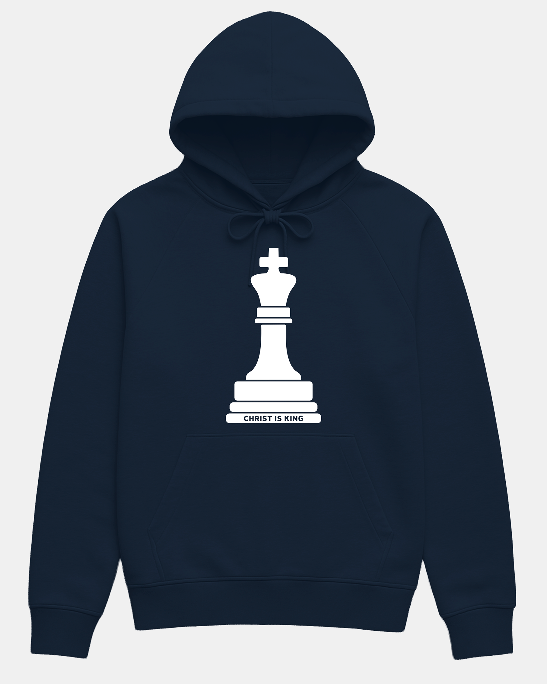 Faith-inspired Christ is King hoodie in navy, heavyweight cotton blend with screen printed king chess piece symbolizing Revelation 19:16