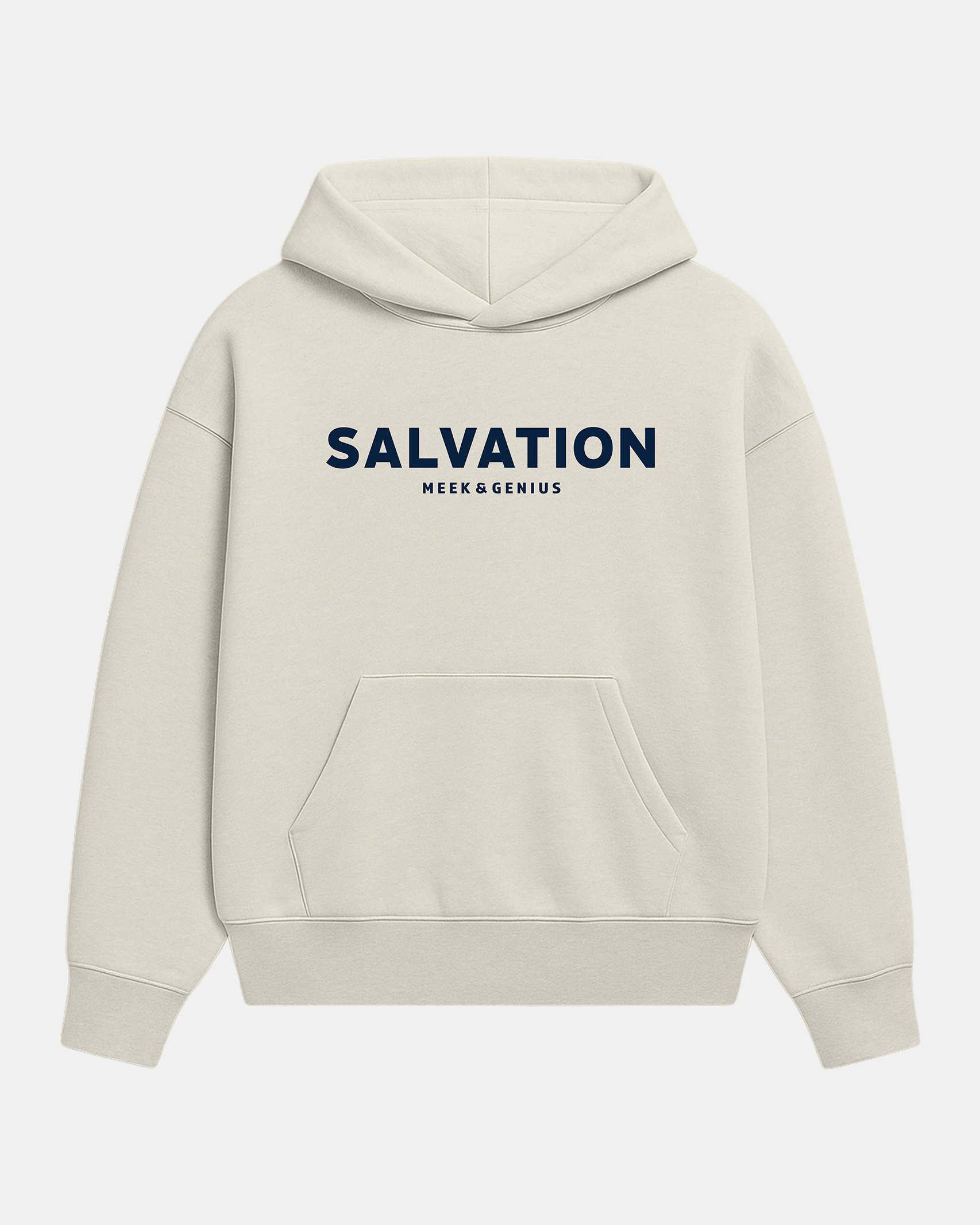 Christian streetwear hoodie in bone featuring Salvation lettering in stylized font, fleece lined, relaxed fit.