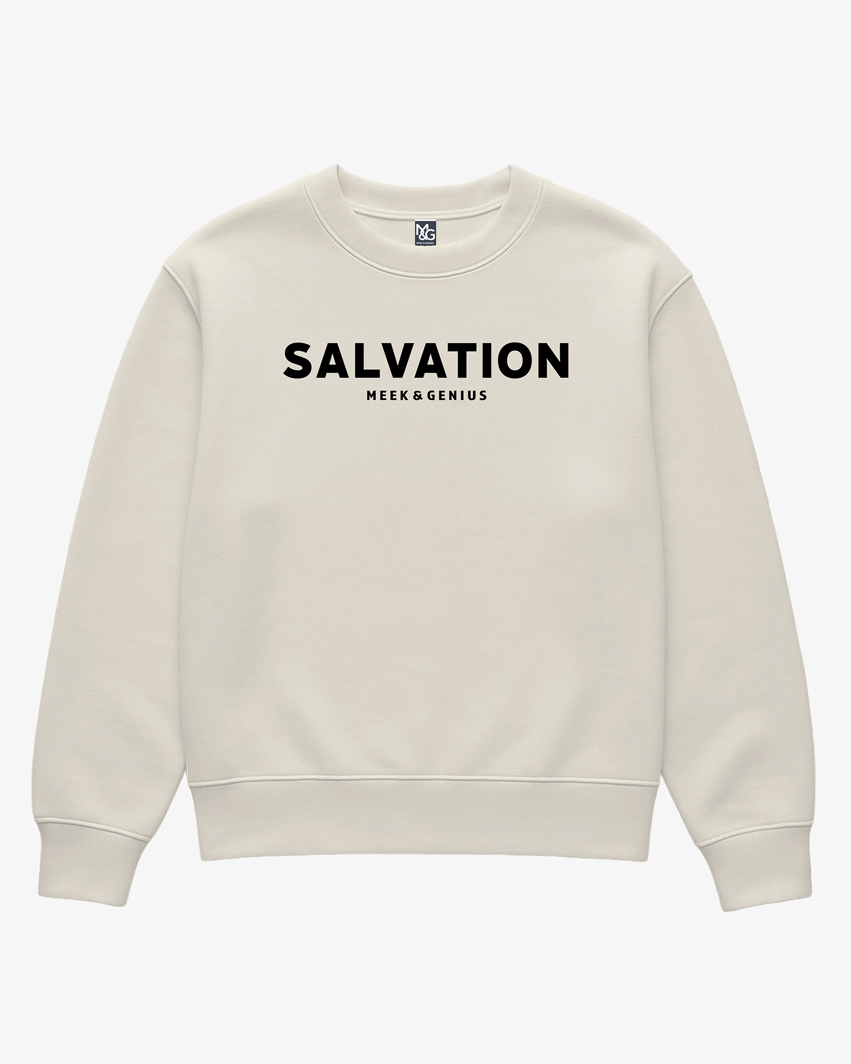 Christian streetwear sweatshirt in bone featuring Salvation lettering in stylized font, fleece lined, relaxed fit