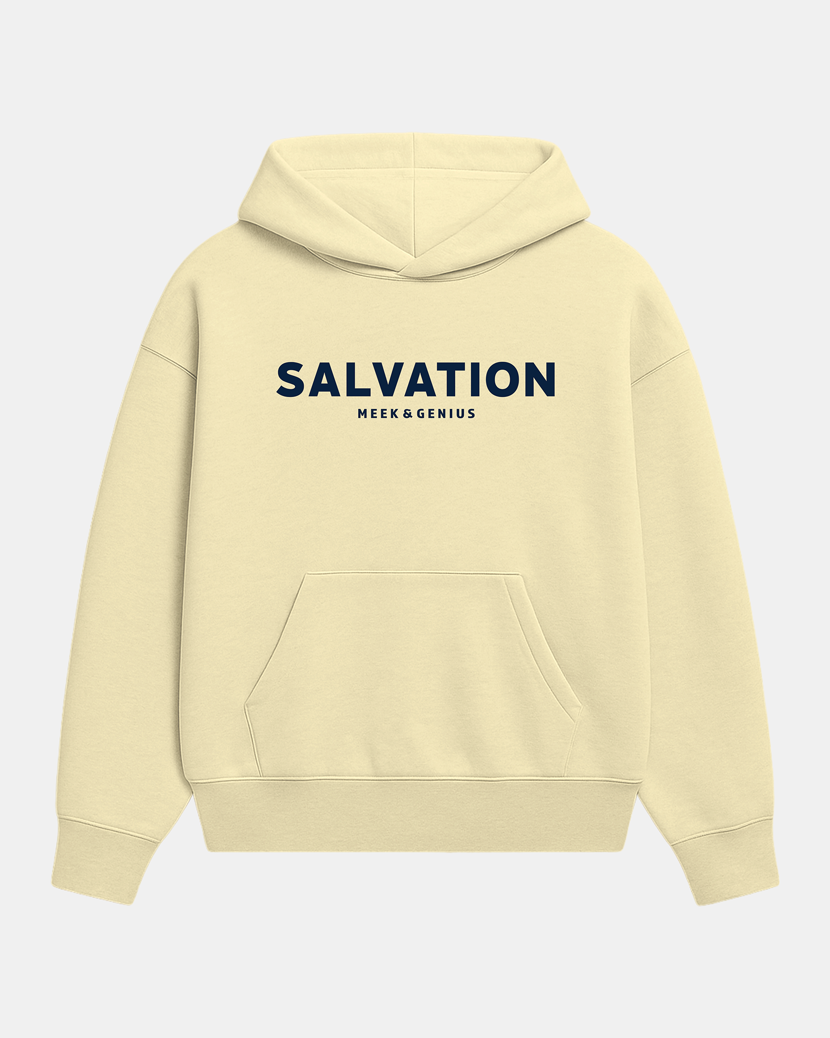 Faith-based Salvation hoodie in light yellow inspired by Philippians 2:12–13, heavyweight fleece with minimalist design