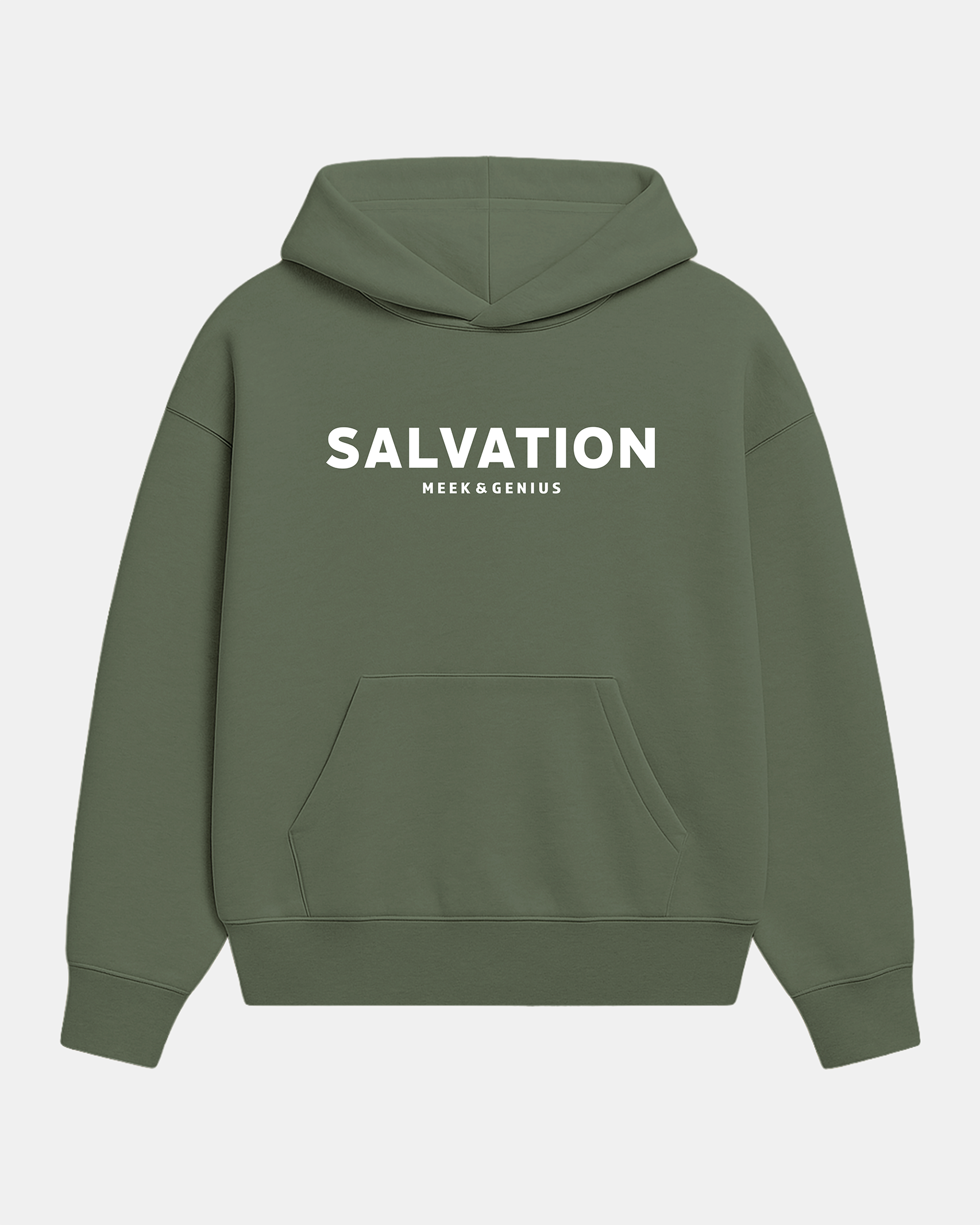 Faith-based Salvation hoodie in olive inspired by Philippians 2:12–13, heavyweight fleece with minimalist design