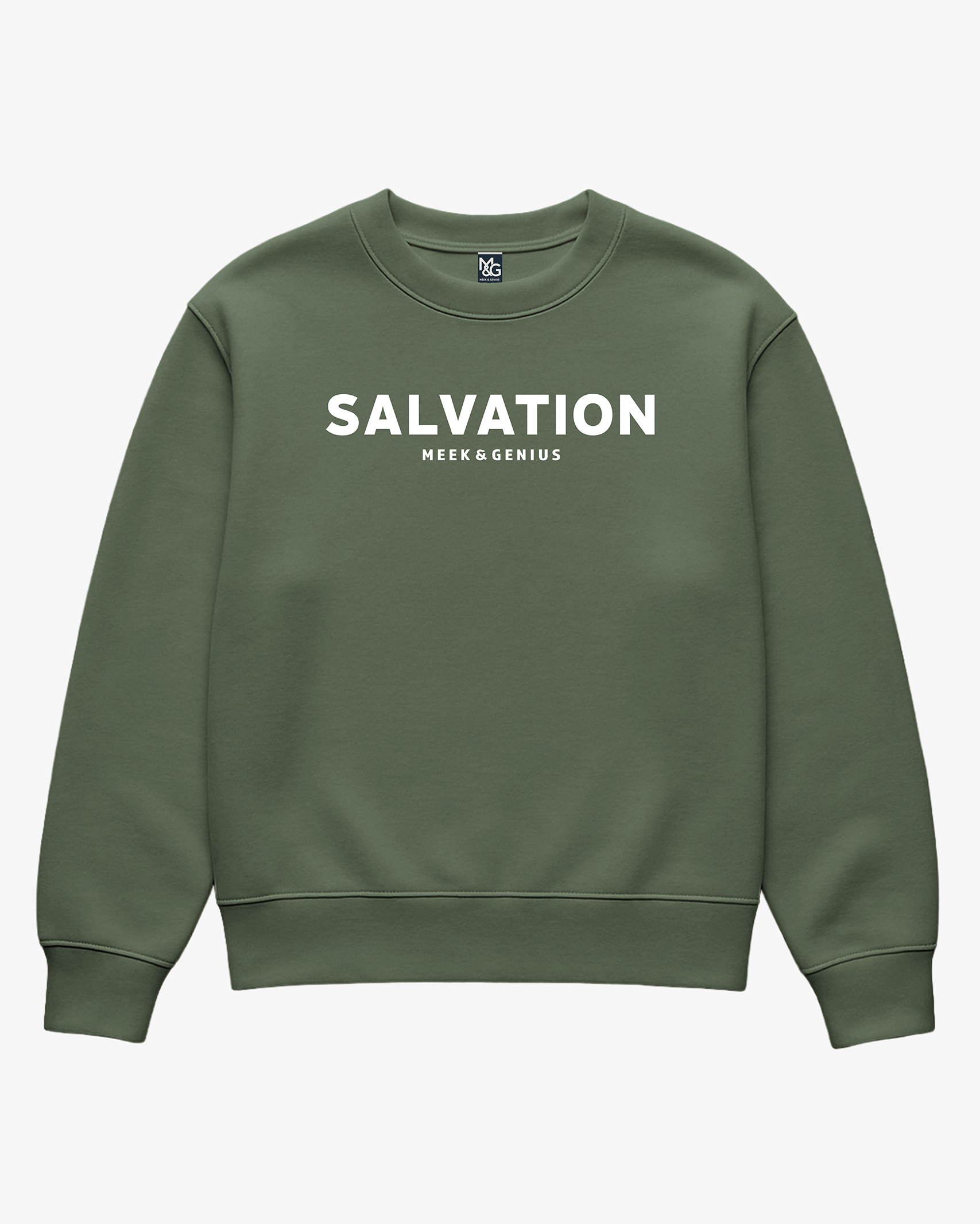Faith-based Salvation sweatshirt in army green inspired by Philippians 2:12–13, heavyweight fleece with minimalist design