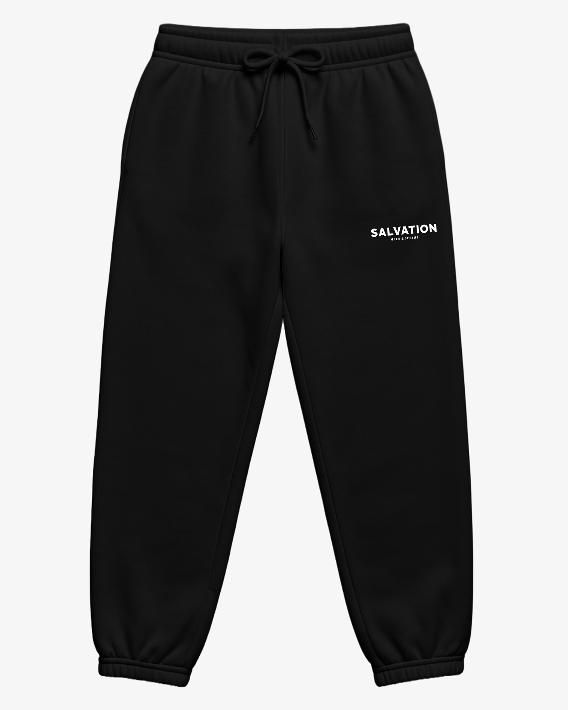 Faith-inspired track pants in black featuring Salvation text logo, jersey lined pockets, and clean streetwear style.