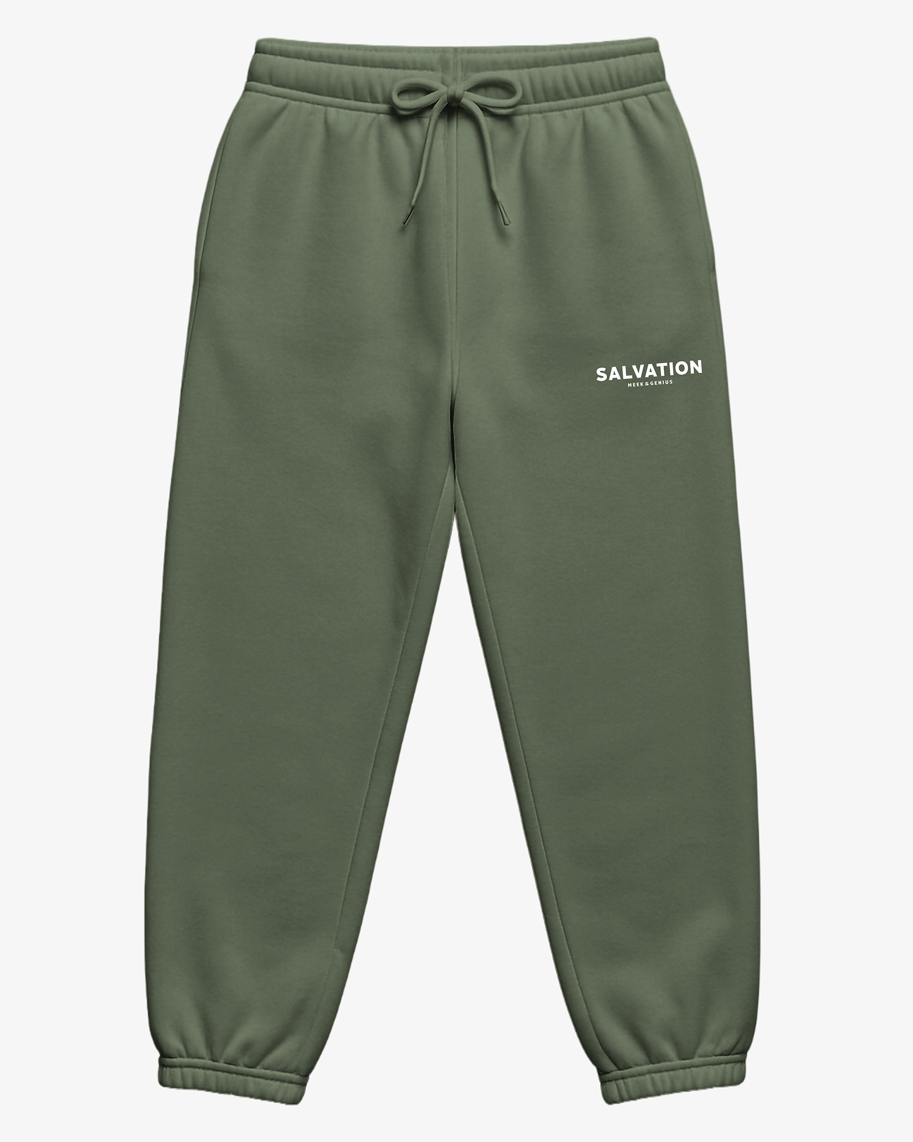 Faith-inspired track pants in army green featuring Salvation text logo, jersey lined pockets, and clean streetwear style.