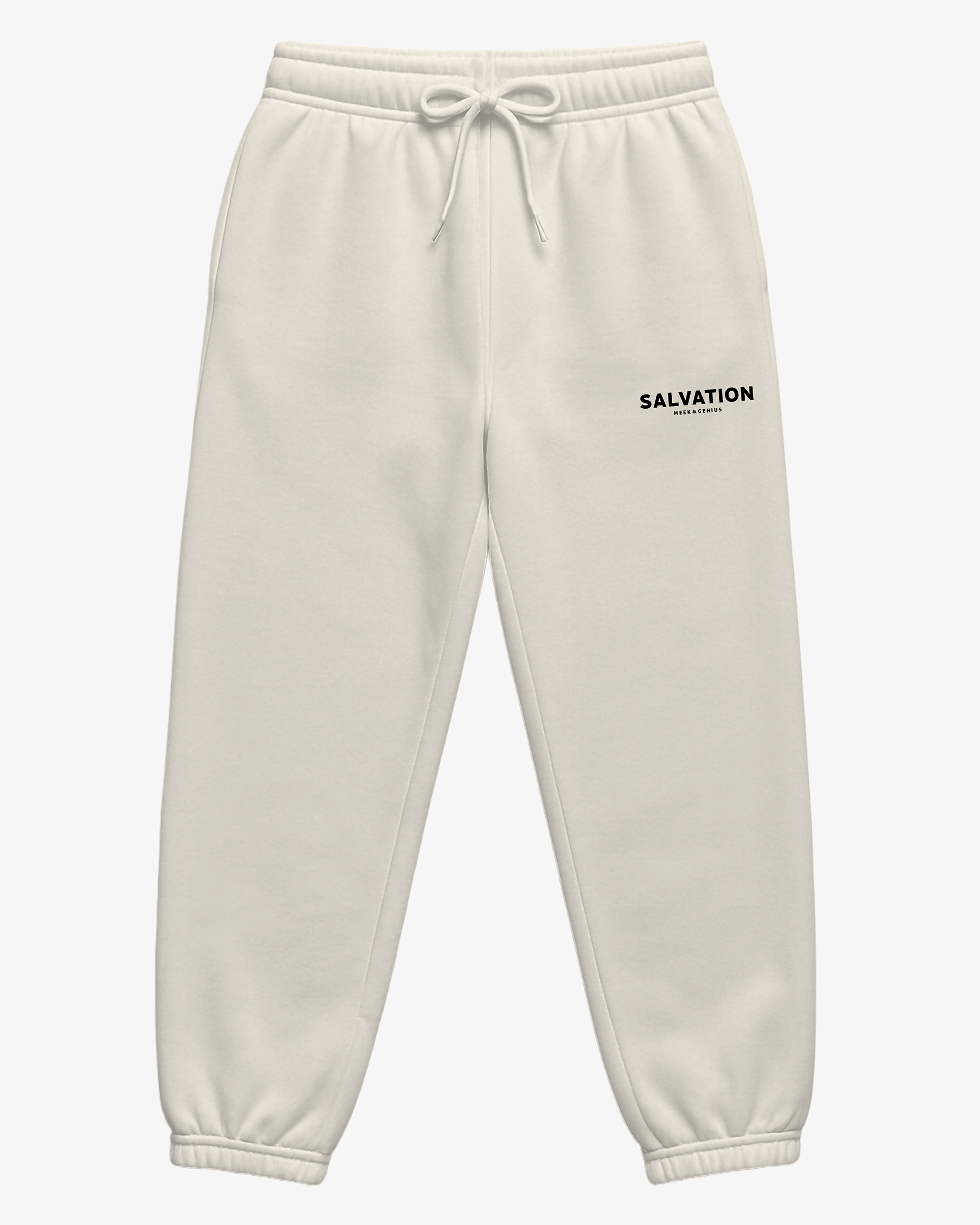 Faith-inspired track pants in bone featuring Salvation text logo, jersey lined pockets, and clean streetwear style.